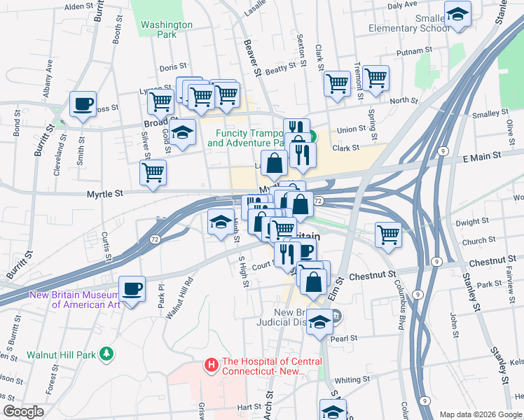 map of restaurants, bars, coffee shops, grocery stores, and more near 25 Washington Street in New Britain
