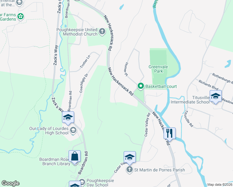 map of restaurants, bars, coffee shops, grocery stores, and more near 20 Gentry Bend in Poughkeepsie