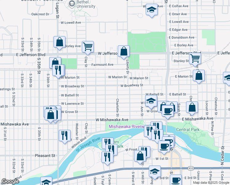 map of restaurants, bars, coffee shops, grocery stores, and more near 503 West Battell Street in Mishawaka
