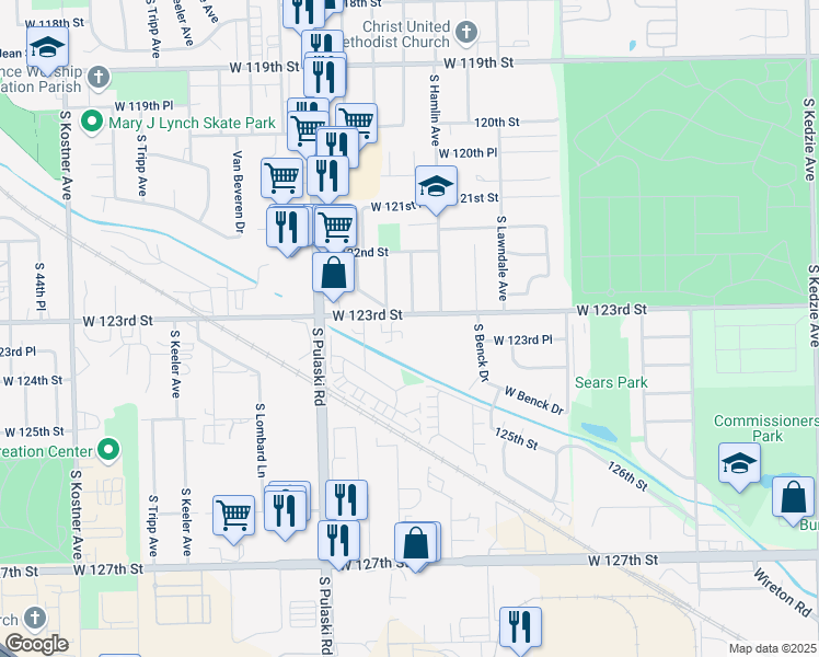 map of restaurants, bars, coffee shops, grocery stores, and more near 3807 West 123rd Place in Alsip