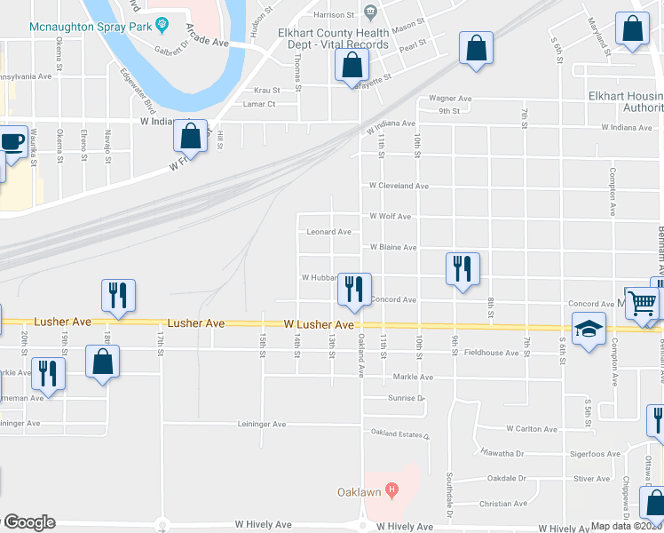 map of restaurants, bars, coffee shops, grocery stores, and more near 1900 13th Street in Elkhart