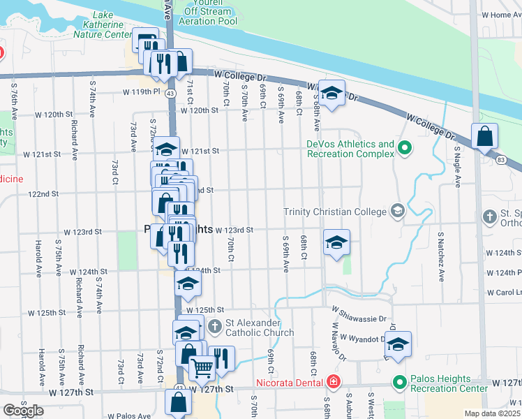 map of restaurants, bars, coffee shops, grocery stores, and more near 12243 South 70th Avenue in Palos Heights