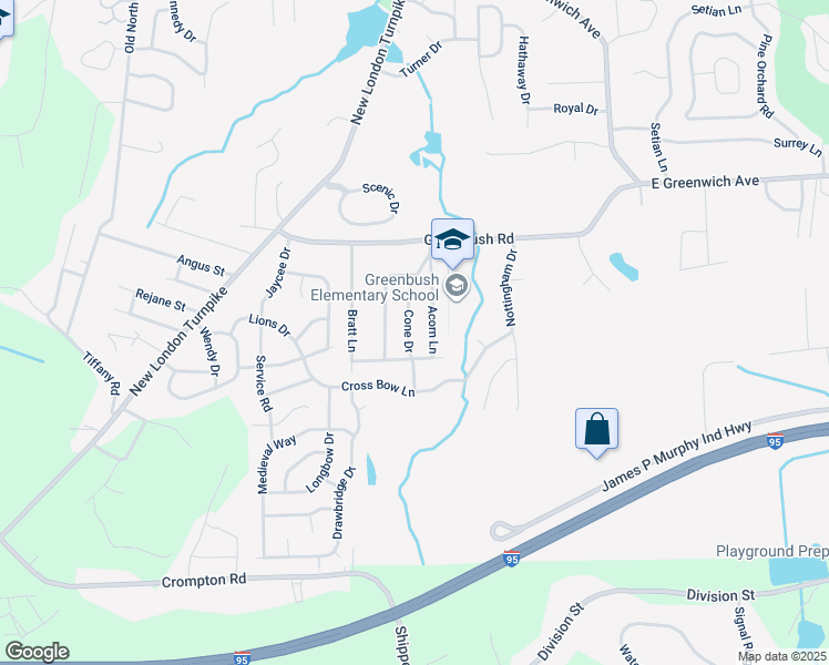 map of restaurants, bars, coffee shops, grocery stores, and more near 67 Cone Drive in West Warwick