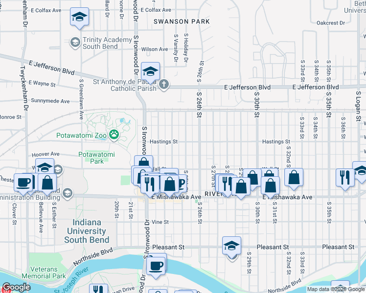 map of restaurants, bars, coffee shops, grocery stores, and more near 726 South 24th Street in South Bend