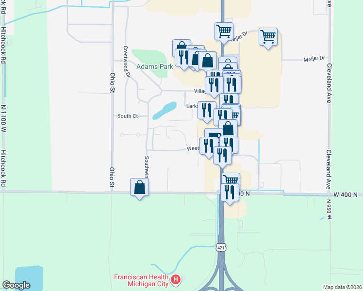 map of restaurants, bars, coffee shops, grocery stores, and more near 210 Westwind Drive in Michigan City