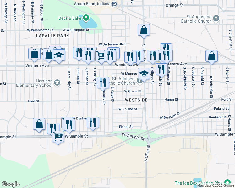 map of restaurants, bars, coffee shops, grocery stores, and more near 648-698 S Kaley St in South Bend