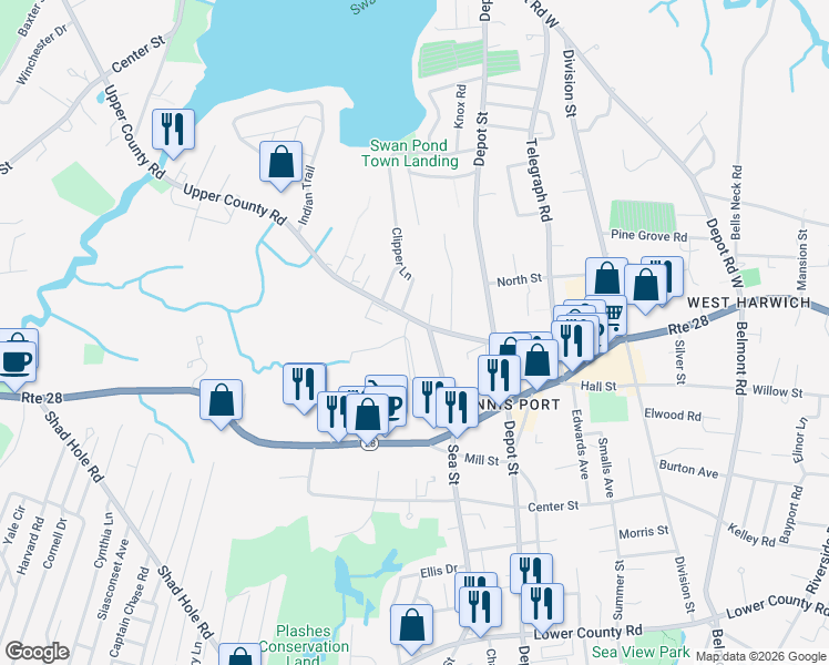 map of restaurants, bars, coffee shops, grocery stores, and more near 163 Upper County Road in Dennis