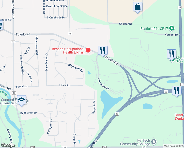 map of restaurants, bars, coffee shops, grocery stores, and more near 22850 Pine Arbor Drive in Elkhart