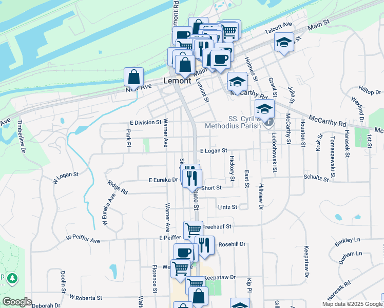 map of restaurants, bars, coffee shops, grocery stores, and more near 714 State Street in Lemont