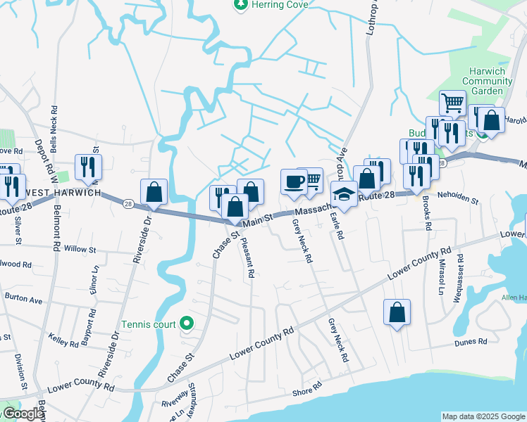 map of restaurants, bars, coffee shops, grocery stores, and more near 189 Massachusetts 28 in Harwich