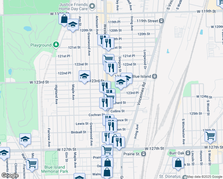 map of restaurants, bars, coffee shops, grocery stores, and more near 12325 South Western Avenue in Blue Island