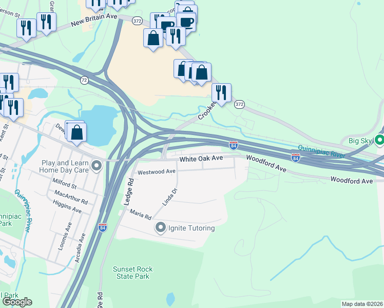 map of restaurants, bars, coffee shops, grocery stores, and more near 75 Woodford Avenue Extension in Plainville