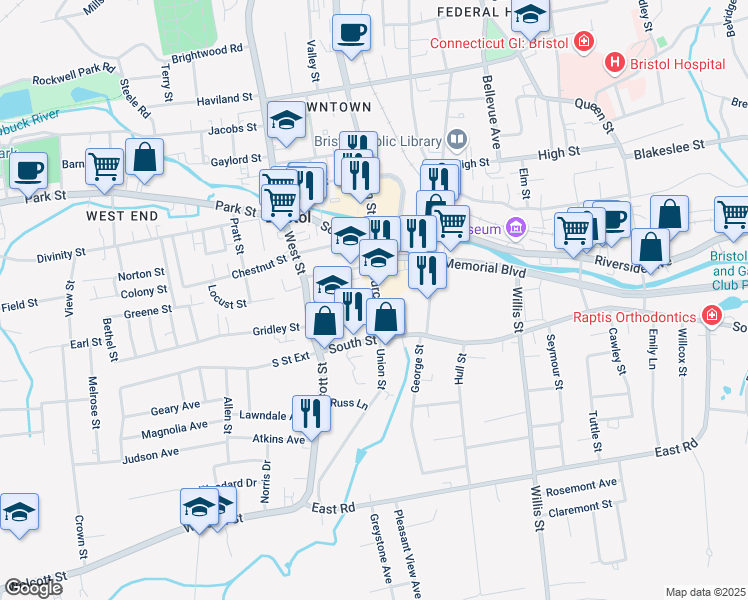 map of restaurants, bars, coffee shops, grocery stores, and more near 163 Church Street in Bristol