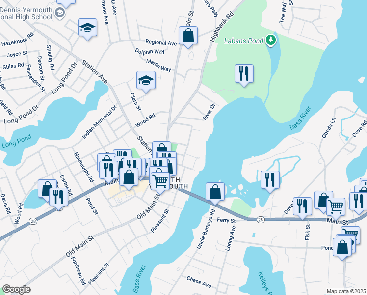 map of restaurants, bars, coffee shops, grocery stores, and more near 21 Kelley Road in Yarmouth