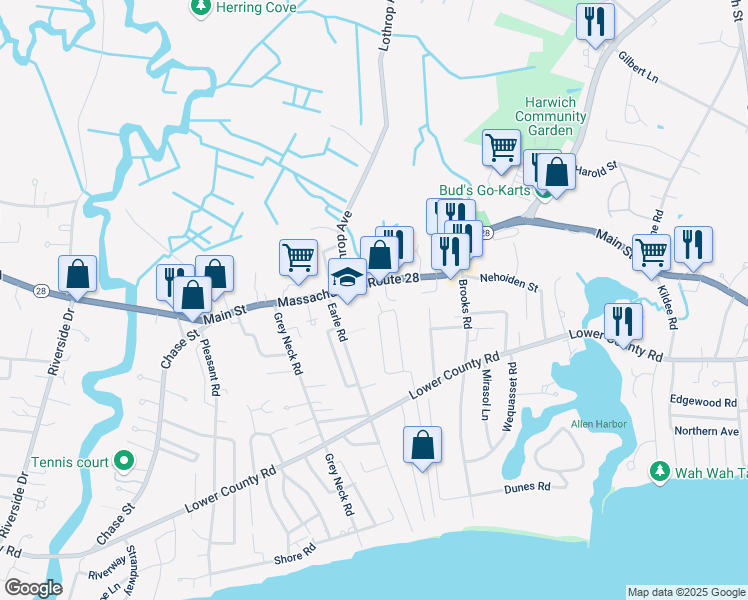 map of restaurants, bars, coffee shops, grocery stores, and more near 95 Earle Road in Harwich
