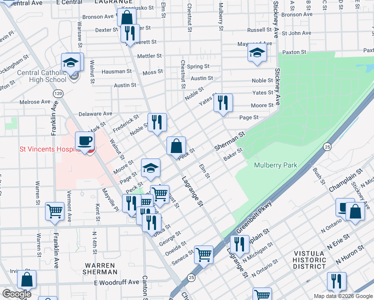 map of restaurants, bars, coffee shops, grocery stores, and more near 1037 Sherman Street in Toledo