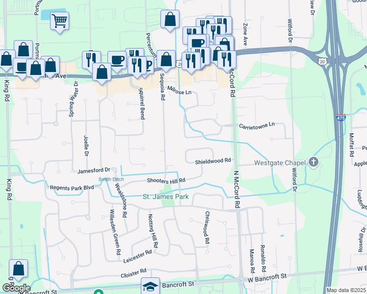 map of restaurants, bars, coffee shops, grocery stores, and more near 2633 Kristi Lynne Lane in Toledo