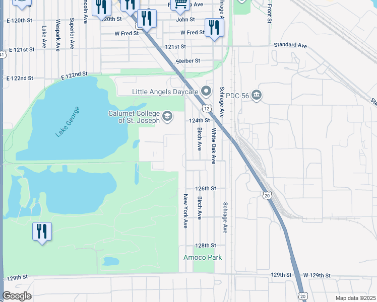 map of restaurants, bars, coffee shops, grocery stores, and more near 2457 New York Avenue in Whiting