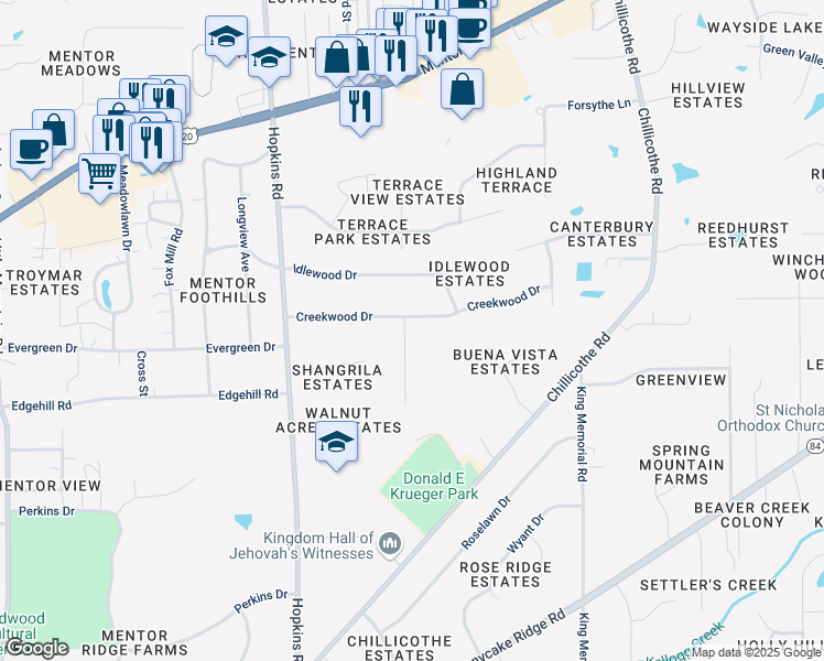 map of restaurants, bars, coffee shops, grocery stores, and more near 7421 Sherwood Circle in Mentor