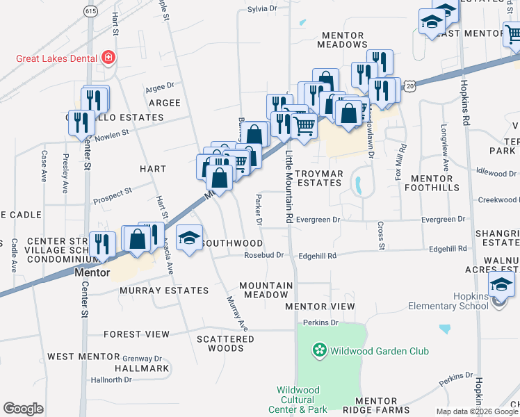 map of restaurants, bars, coffee shops, grocery stores, and more near 8711 Blossom Drive in Mentor