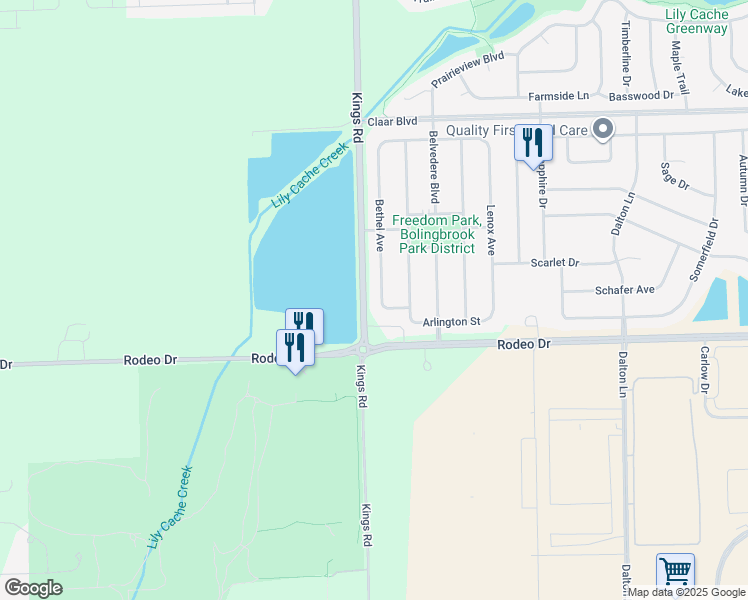 map of restaurants, bars, coffee shops, grocery stores, and more near 815 Bethel Avenue in Bolingbrook