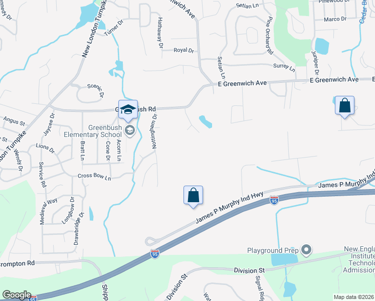 map of restaurants, bars, coffee shops, grocery stores, and more near 20 Maid Marion Lane in West Warwick