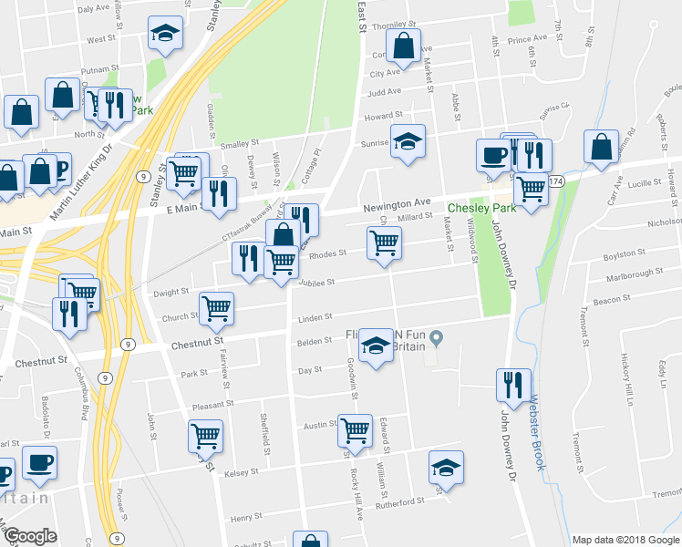 map of restaurants, bars, coffee shops, grocery stores, and more near 51 Jubilee Street in New Britain