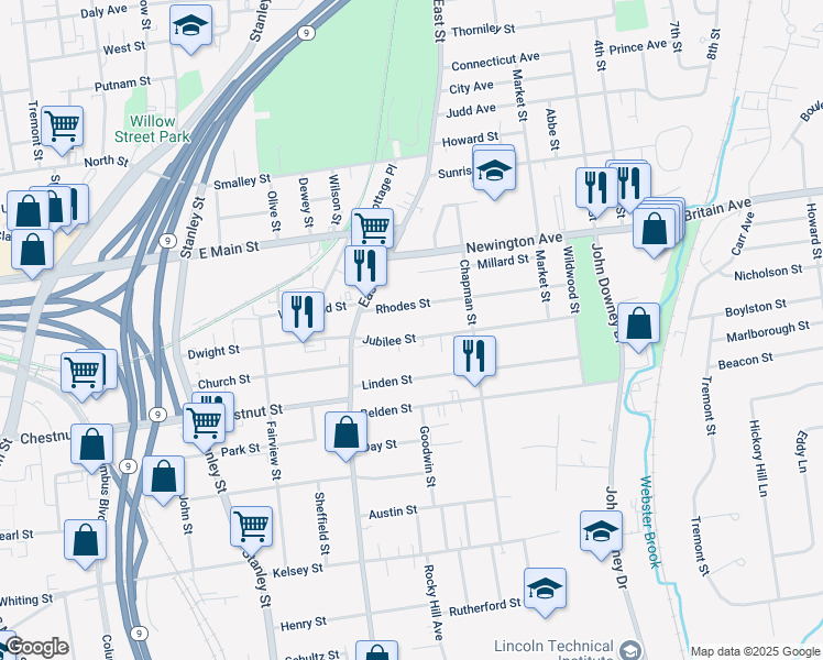 map of restaurants, bars, coffee shops, grocery stores, and more near 51 Jubilee Street in New Britain