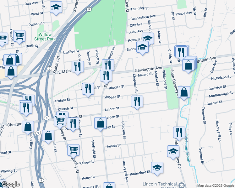 map of restaurants, bars, coffee shops, grocery stores, and more near 51 Jubilee Street in New Britain