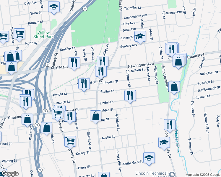 map of restaurants, bars, coffee shops, grocery stores, and more near 51 Jubilee Street in New Britain