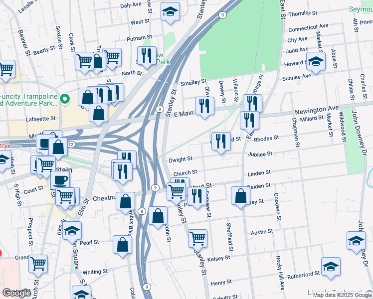 map of restaurants, bars, coffee shops, grocery stores, and more near 34 Dwight Street in New Britain