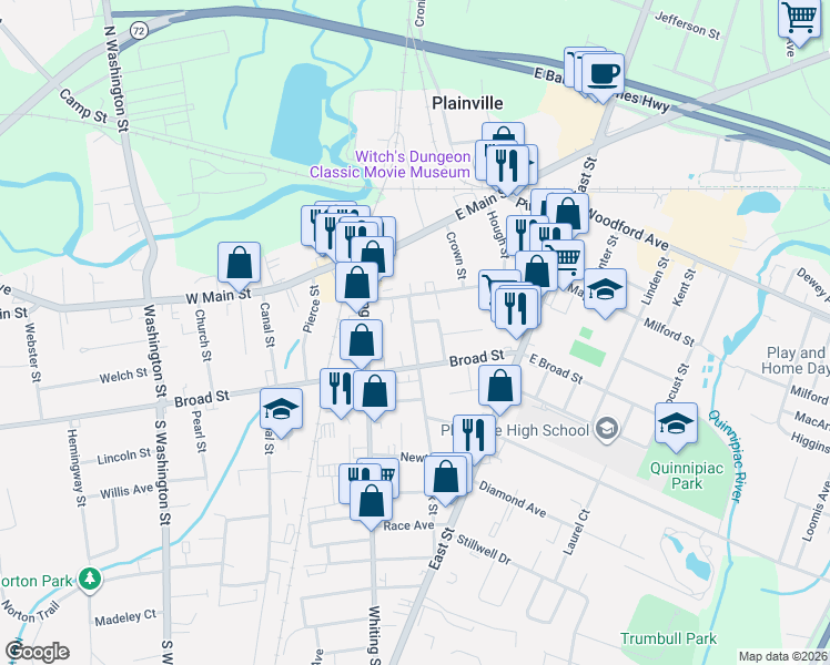 map of restaurants, bars, coffee shops, grocery stores, and more near 23 Park Street in Plainville