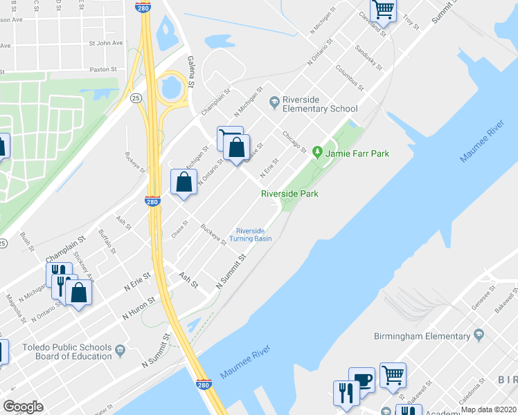 map of restaurants, bars, coffee shops, grocery stores, and more near 1965 North Summit Street in Toledo