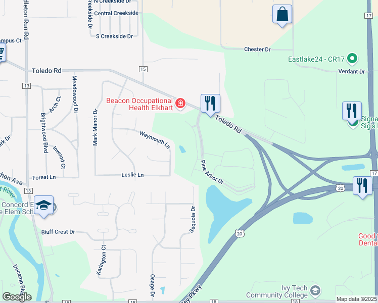 map of restaurants, bars, coffee shops, grocery stores, and more near 22850 Pine Arbor Drive in Elkhart