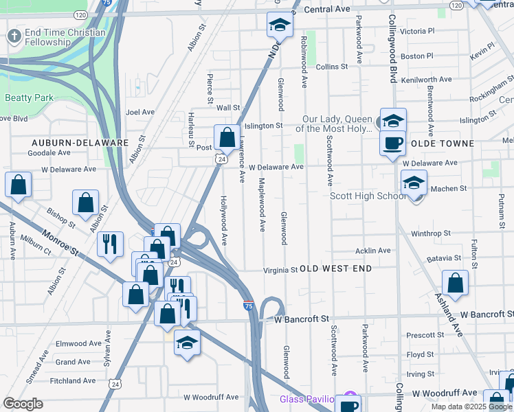 map of restaurants, bars, coffee shops, grocery stores, and more near 2433 Maplewood Avenue in Toledo