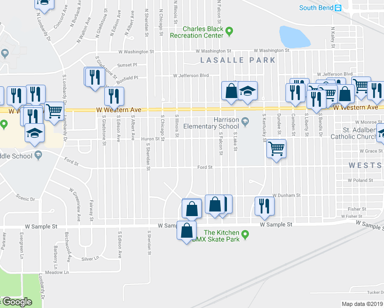 map of restaurants, bars, coffee shops, grocery stores, and more near 601 South Wellington Street in South Bend
