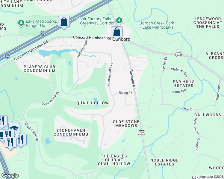 map of restaurants, bars, coffee shops, grocery stores, and more near 7419 Hunting Lake Drive in Painesville