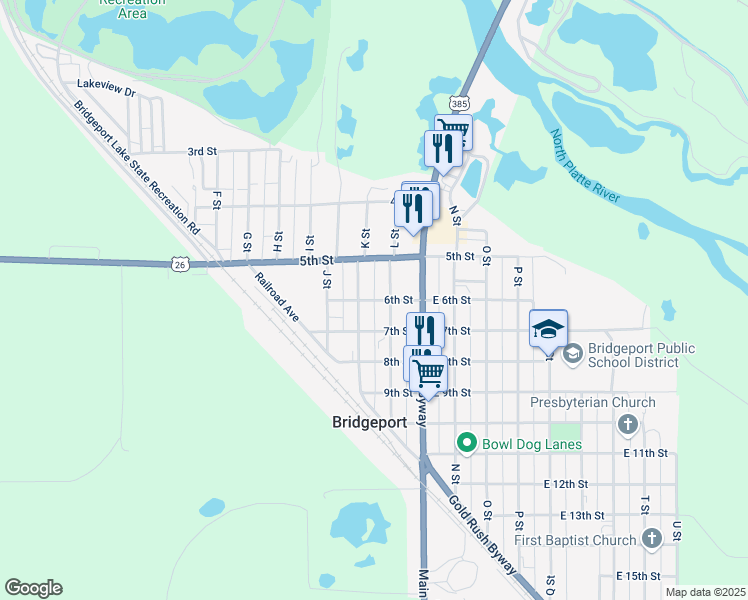 map of restaurants, bars, coffee shops, grocery stores, and more near 6th Street in Bridgeport