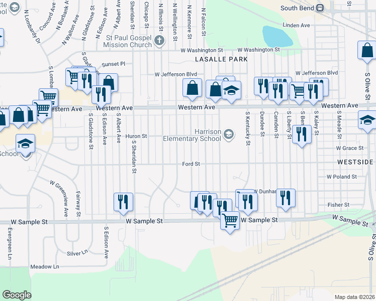 map of restaurants, bars, coffee shops, grocery stores, and more near 3551-3599 Ford Street in South Bend