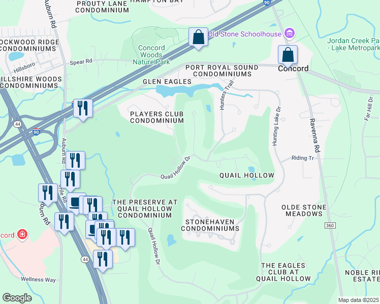 map of restaurants, bars, coffee shops, grocery stores, and more near 7390 Mountain Quail Place in Painesville