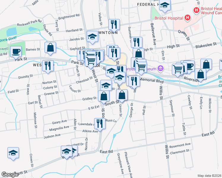 map of restaurants, bars, coffee shops, grocery stores, and more near 40 Upson Street in Bristol
