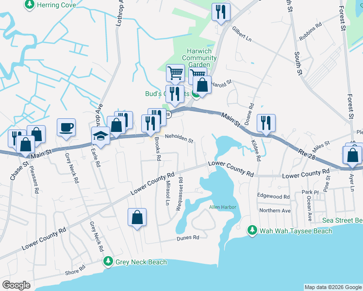 map of restaurants, bars, coffee shops, grocery stores, and more near 14 Spruce Gate Drive in Harwich