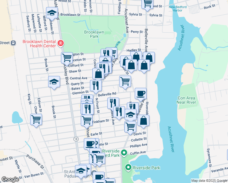 map of restaurants, bars, coffee shops, grocery stores, and more near 79-81 Eugenia Street in New Bedford