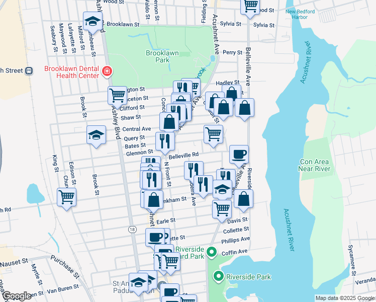 map of restaurants, bars, coffee shops, grocery stores, and more near 111 Eugenia Street in New Bedford