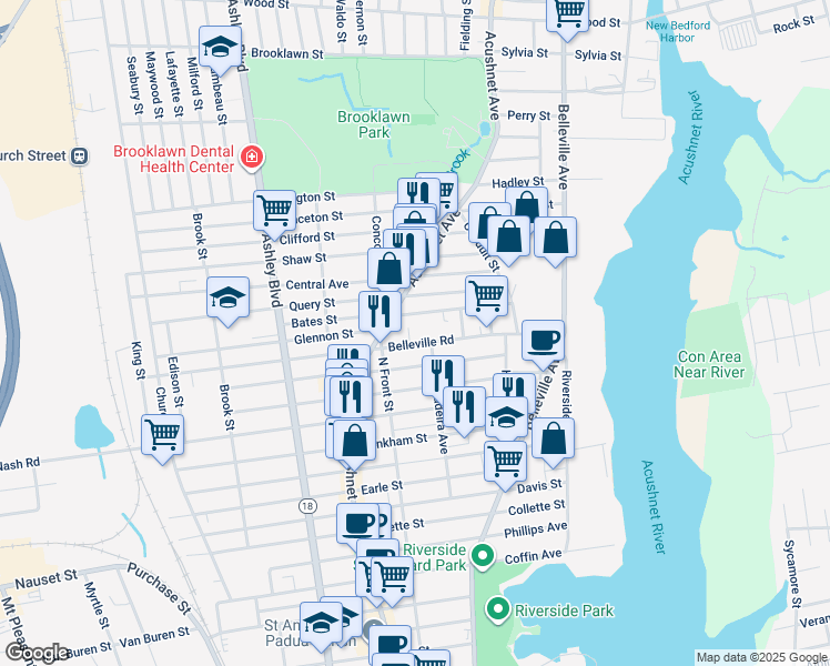 map of restaurants, bars, coffee shops, grocery stores, and more near 111 Eugenia Street in New Bedford