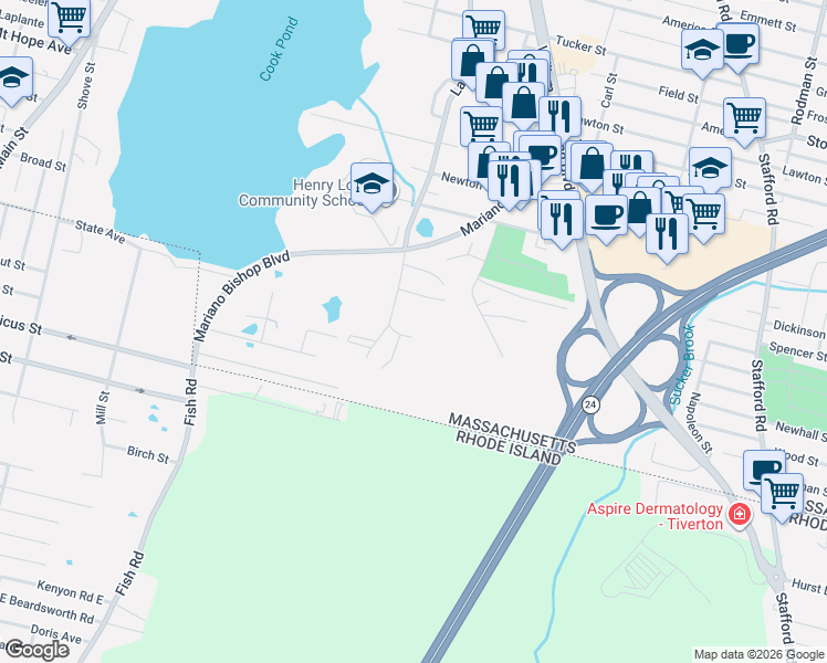 map of restaurants, bars, coffee shops, grocery stores, and more near 1093 Laurel Street in Fall River