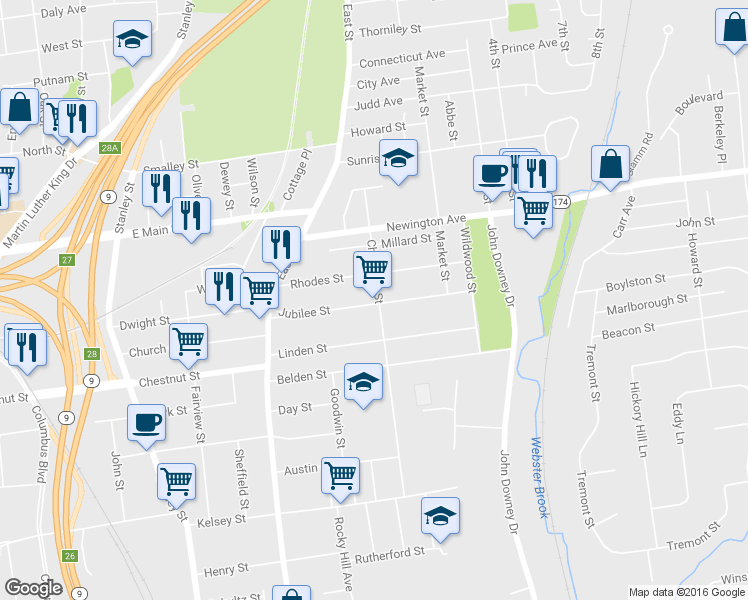 map of restaurants, bars, coffee shops, grocery stores, and more near 203 Chapman Street in New Britain