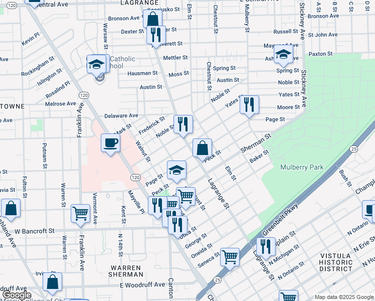 map of restaurants, bars, coffee shops, grocery stores, and more near 922 Page Street in Toledo