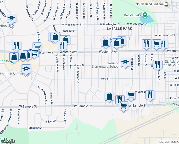 map of restaurants, bars, coffee shops, grocery stores, and more near 609 South Illinois Street in South Bend
