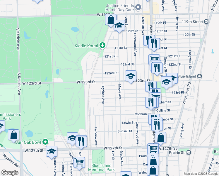map of restaurants, bars, coffee shops, grocery stores, and more near 2642 Orchard Street in Blue Island